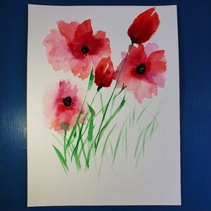 Floral Watercolor Painting - Red and Green Poppies